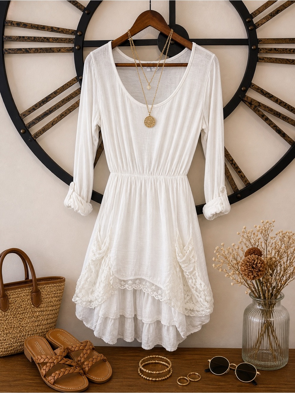 Tempo Paris White Long-Sleeve Lace Pocket Mini Dress